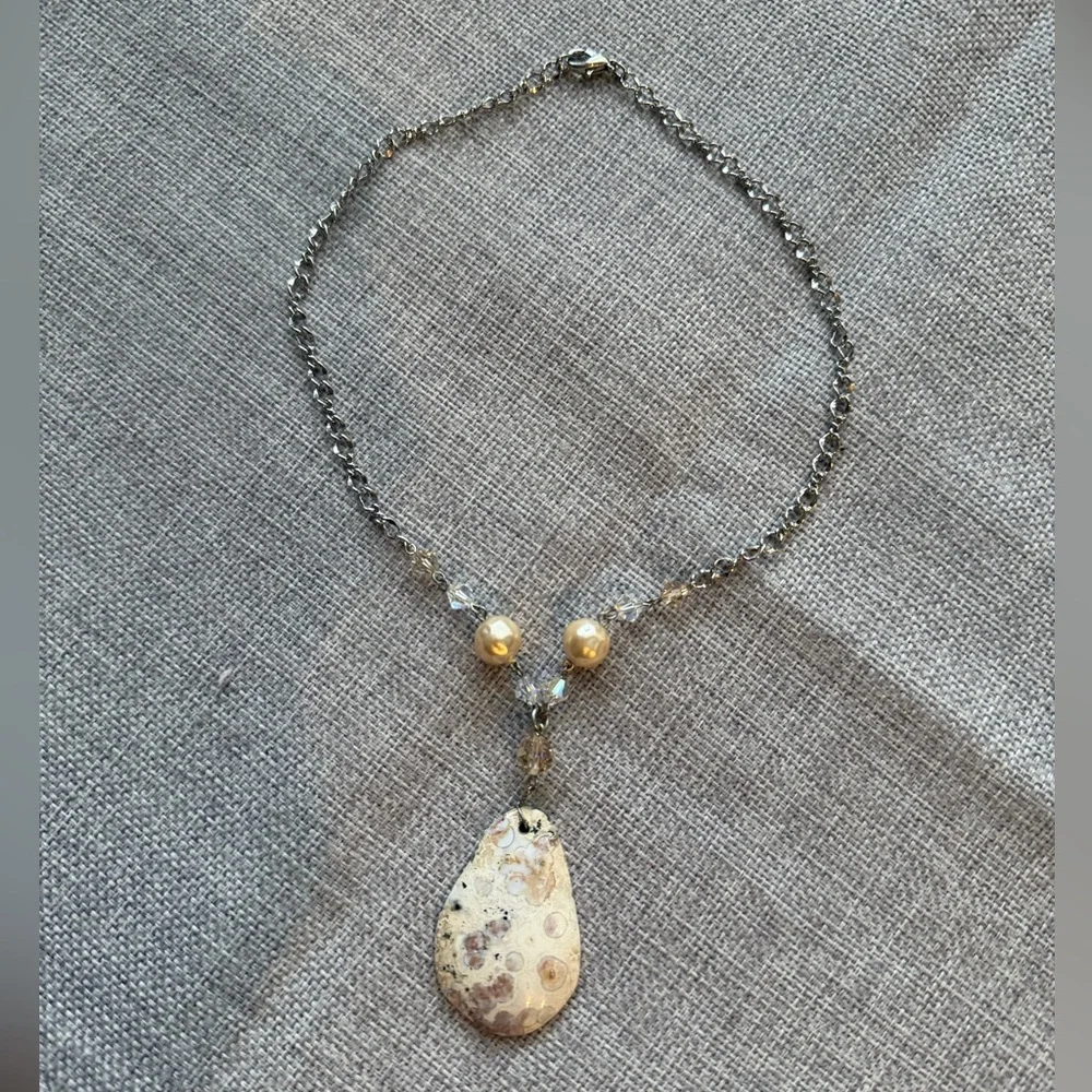 Jasper Teardrop Pendant Necklace | Pearl & Crystal Accents | Silver Tone Chain